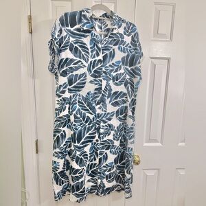 100% Linen Blue & White Tropical Print Button Down Shirt Dress Size 12
